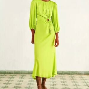 Farm Rio Womens Satin Circle Cut Out Viscose Midi Dress Size Large Lime